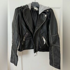 Vigoss hooded black faux leather moto jacket